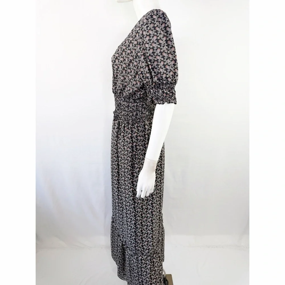 Max Studio Black Floral Maxi Dress Size L Casual Boho Short Sleeve V-Neck - Picture 5 of 11